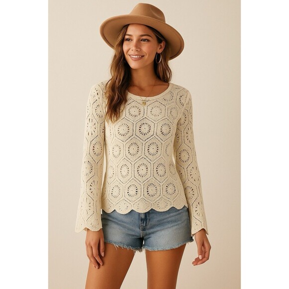 Maurices Cream Crochet Knit Sweater Small Boho Hippie Festival Cottagecore Top - Picture 1 of 10